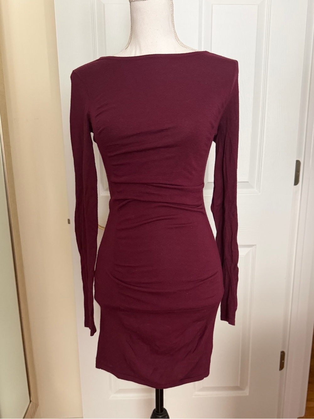 Express Burgundy Ruched Knit Mini Dress